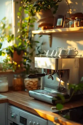 Mutfak tezgahında espresso makinesi