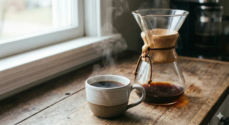 Chemex içerisinde süzülmüş berrak filtre kahve ve sunum hazırlığı.
