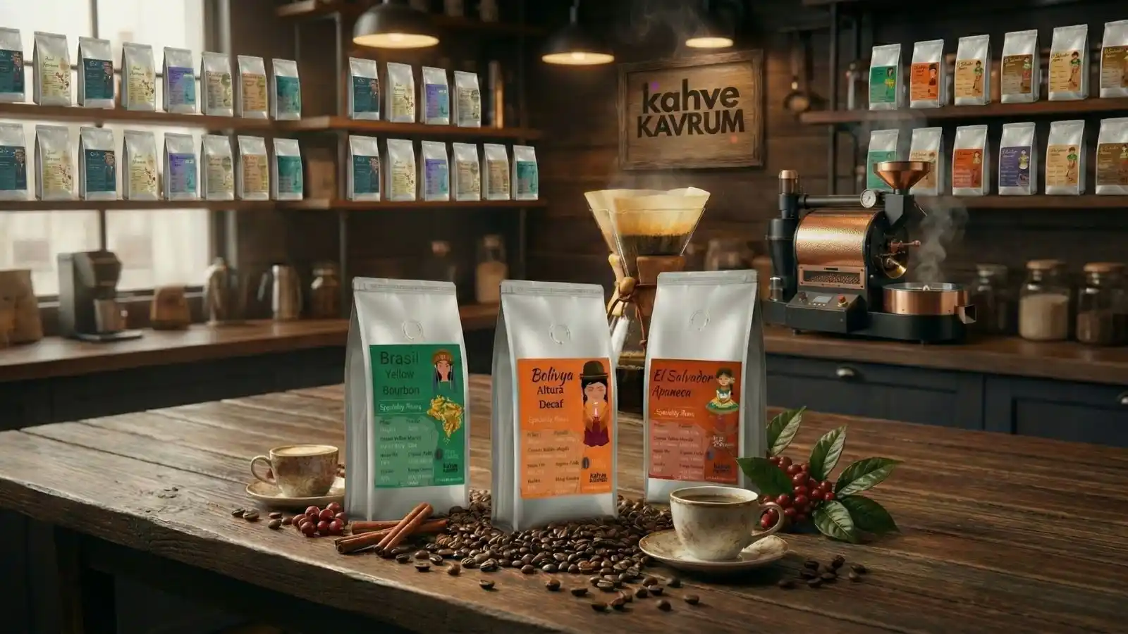 KAHVE KAVRUM taze kavrulmuş nitelikli kahve çeşitleri ve fincan sunumu
