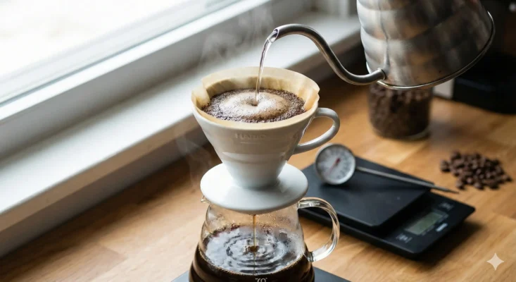 V60 demleme sırasında sıcak suyun dairesel hareketlerle kahve yatağı üzerine dökülmesi ve blooming aşaması.