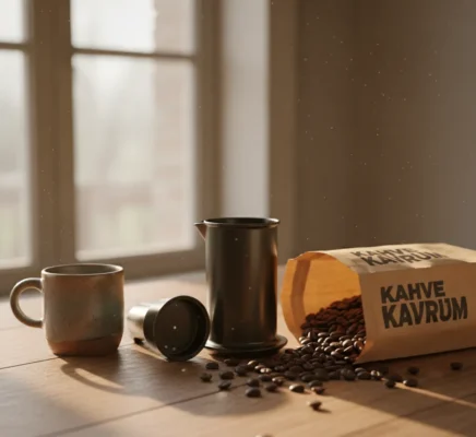 AeroPress kahve demleme ekipmanı ve taze tek köken kahve çekirdekleri