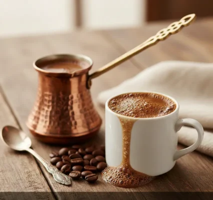 Bol köpüklü Türk kahvesi ve geleneksel bakır cezve sunumu