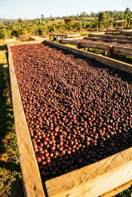 Güneşte kurutulan doğal (Natural) işlem görmüş kahve meyveleri.