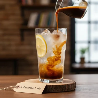 Buzlu tonik içerisine espresso dökülen Espresso Tonic bardağı.