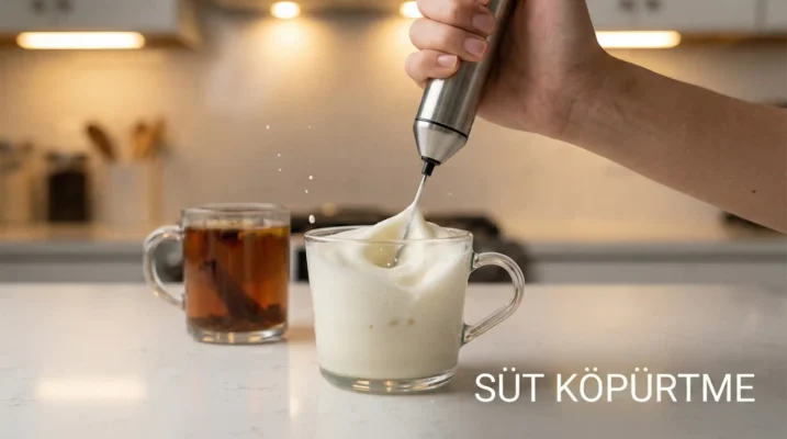 Süt köpürtücü ile Chai Tea Latte için mikro köpük hazırlama anı.