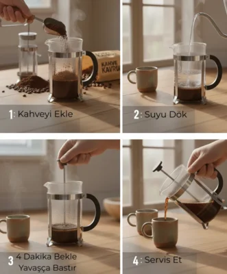 French Press kahve demleme aşamalarını gösteren 4 adımlı infografik: Hazırlık, Blooming (Çiçeklenme), Demleme ve Servis süreci.