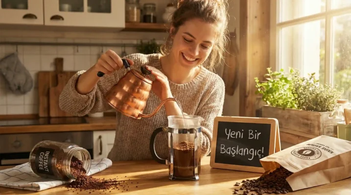 French Press kullanarak granül kahveden taze filtre kahveye geçiş yapan bir kullanıcı.