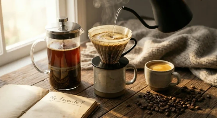 Hangi kahveyi almalıyım rehberi için ahşap masada French Press V60 ve Espresso fincanları