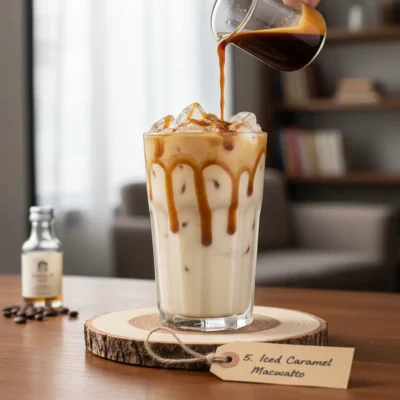 Kenarlarından karamel sosu süzülen buzlu Iced Caramel Macchiato.