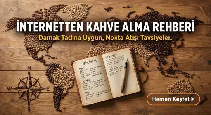 Üzerinde İnternetten Kahve Alma Rehberi yazan kahve çekirdekleri ve not defteri konseptli görsel. Hangi kahveyi almalıyım sorusuna yanıt veren seçim rehberi.