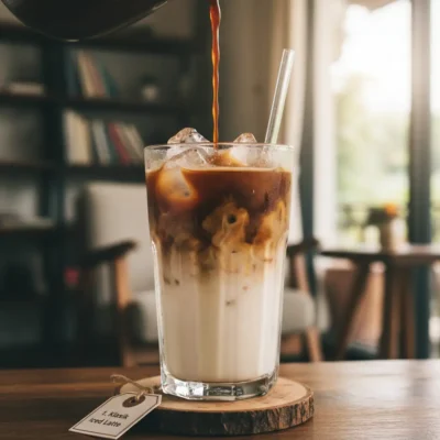 Evde hazırlanan cam bardakta buzlu sütlü klasik iced latte.