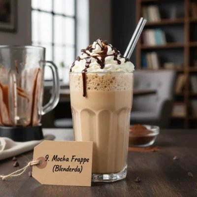 Üzeri çikolata sosu ve krema ile süslenmiş Mocha Frappe.