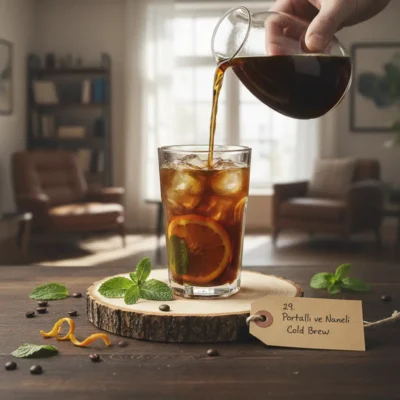 Taze nane yaprakları ve portakal dilimli ferah Cold Brew.