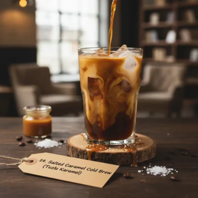 Tuzlu karamel sosu ve krema içeren Salted Caramel Cold Brew.