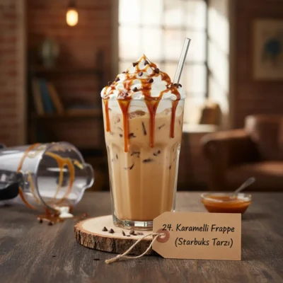 Bol karamel soslu ve kremalı Starbucks tarzı Karamel Frappe.