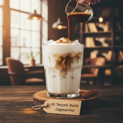 Tarçın serpilmiş yoğun süt köpüklü buzlu Cappuccino.