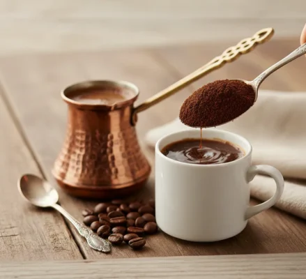 Cezveye Türk kahvesi ve suyun eklenme aşaması
