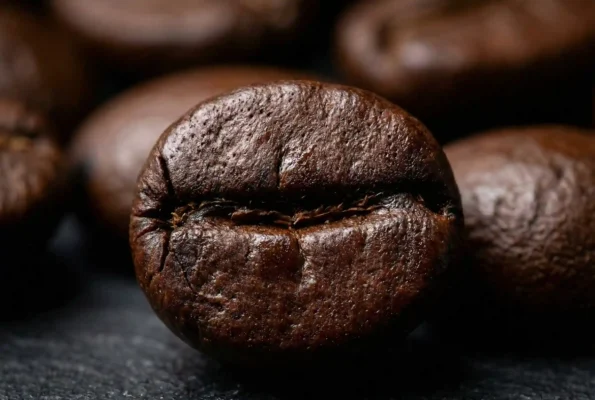Yüksek kafein ve antioksidan deposu olan taze kavrulmuş Uganda Robusta çekirdeklerinin makro görünümü.